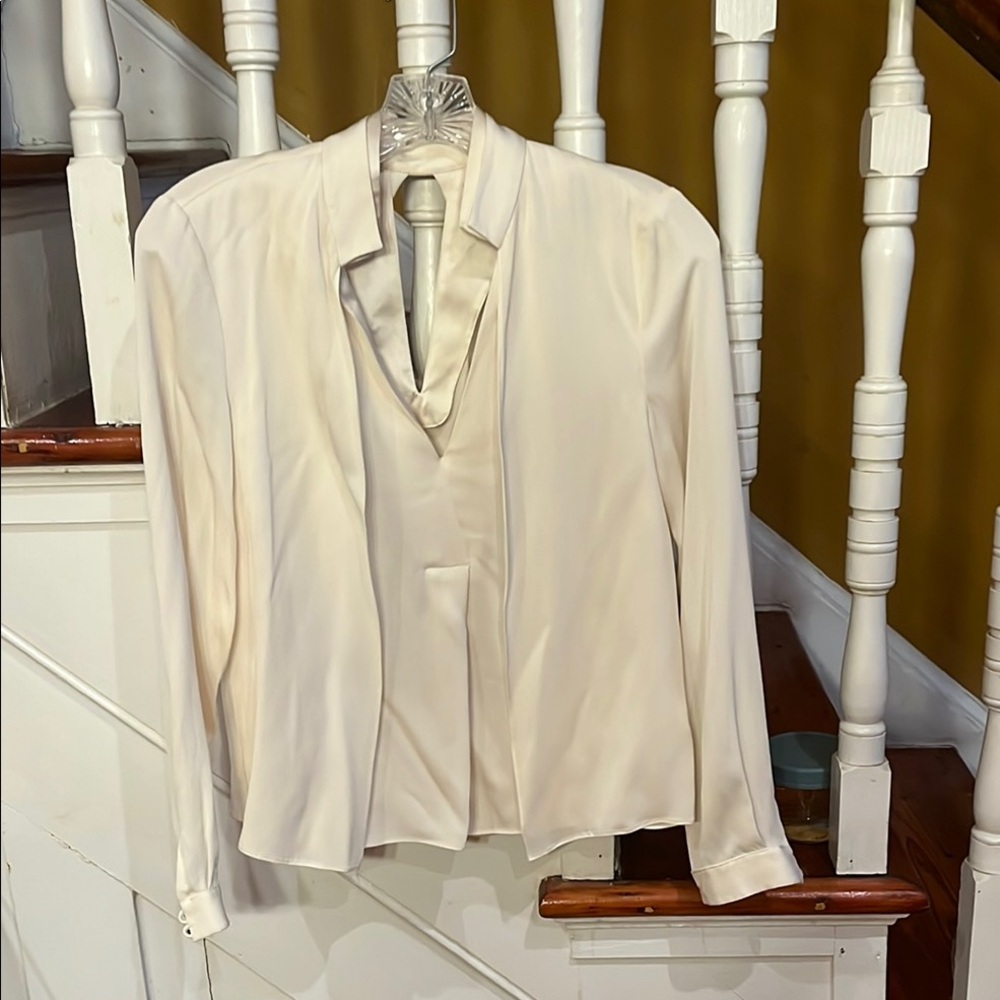 Halston Heritage Cream Blouse with Mandarin Collar and Buttoned Style